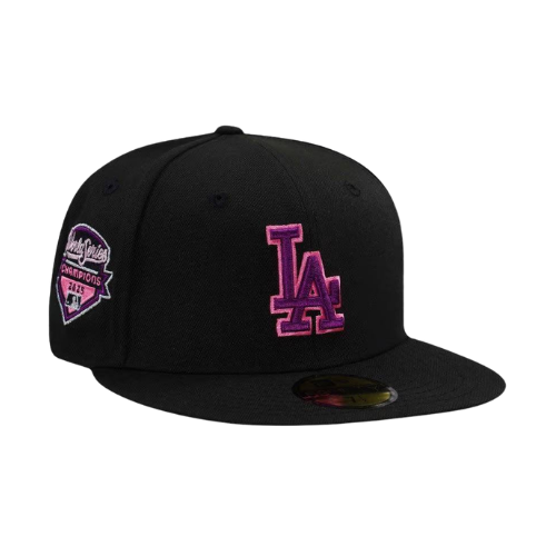 NEW ERA LA DODGERS BLACK PRIME PINK WORLD SERIES 2025 CHAMPS 59FIFTY